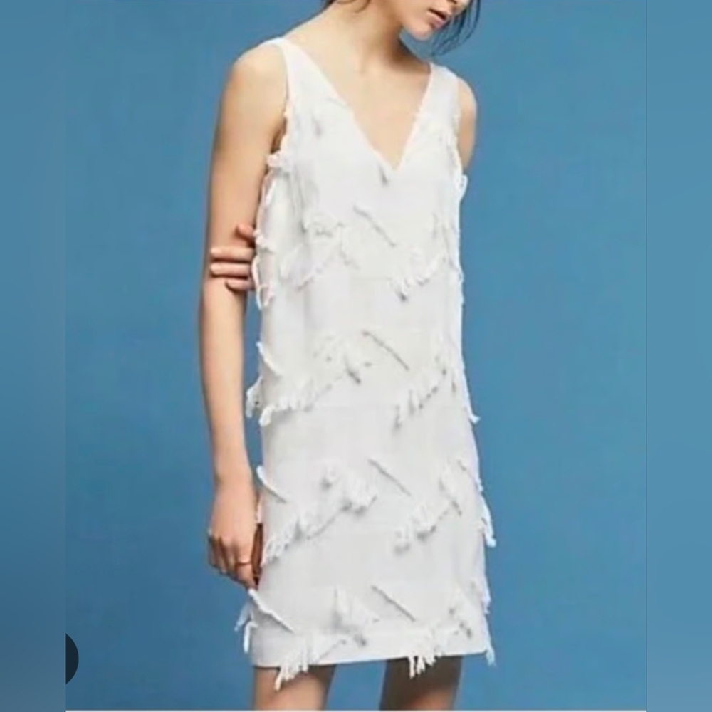 Anthropologie Maeve White Embroidered Shift Dress Size 12 V Neck Back Excellent
